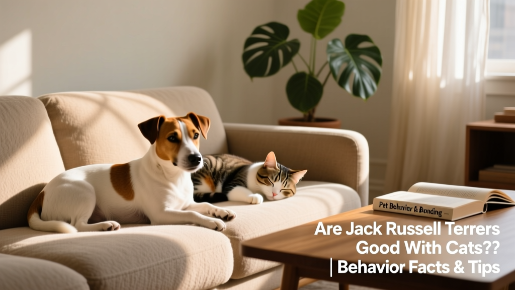 A Jack Russell Terrier lying quietly beside a cat napping on a sofa, both relaxed and undisturbed