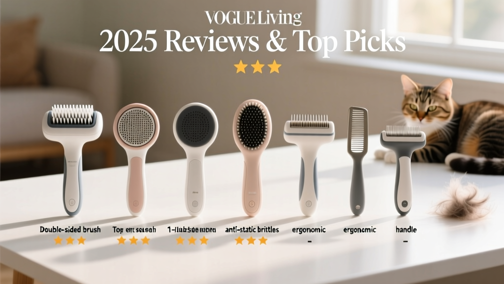 Side-by-side comparison of eight deshedding tools on a clean white surface, labeled with ratings and key features