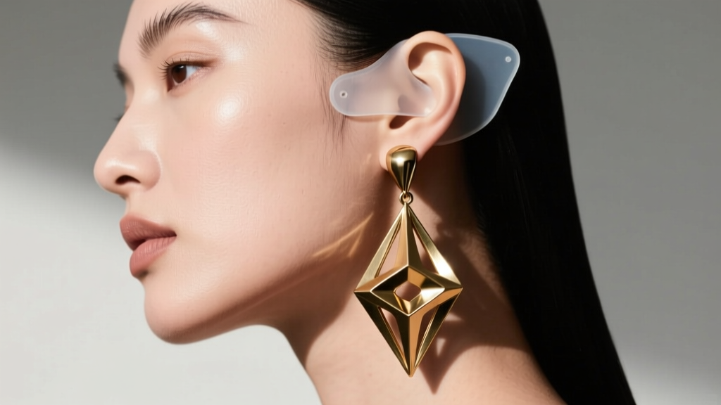 Side profile of a model wearing a heavy sculptural brass drop earring with a clear silicone lobe support patch behind the ear