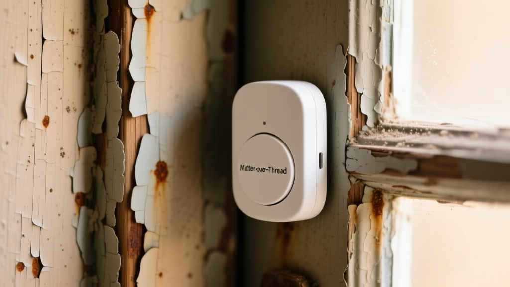 Close-up of a compact white Matter-over-Thread door sensor mounted on a painted wooden window frame with peeling paint