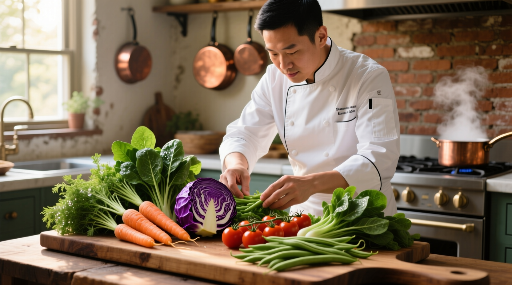 Chef organizing seasonal vegetables for cooking
