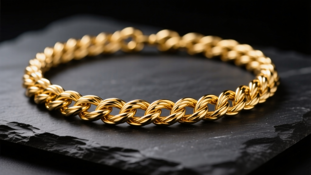 14k gold rope necklace on dark slate, lit by soft studio lighting to show intricate link textures and warm golden reflections.
