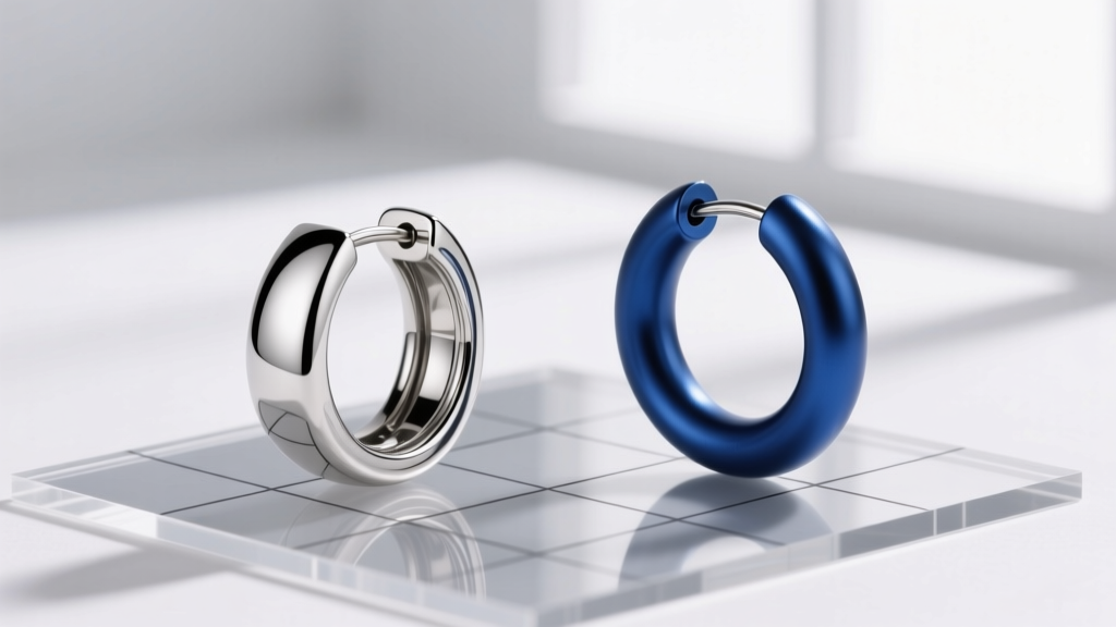 Comparison of a polished 316L steel hinged earring ring and a matte anodized niobium seamless hoop resting on a technical grid.