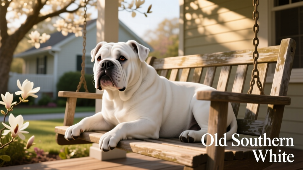 A dignified, pure-white Old Southern White American Bulldog with gentle eyes and classic bulldog proportions, resting on a porch swing