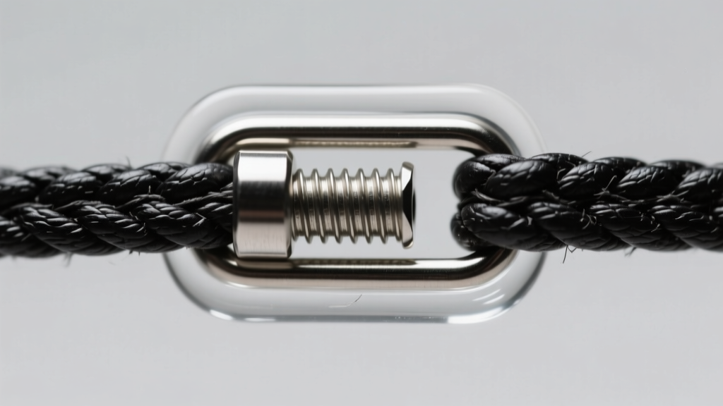 Detailed view of a 3mm black leather cord secured inside a brushed stainless steel screw-barrel clasp with clear epoxy resin.