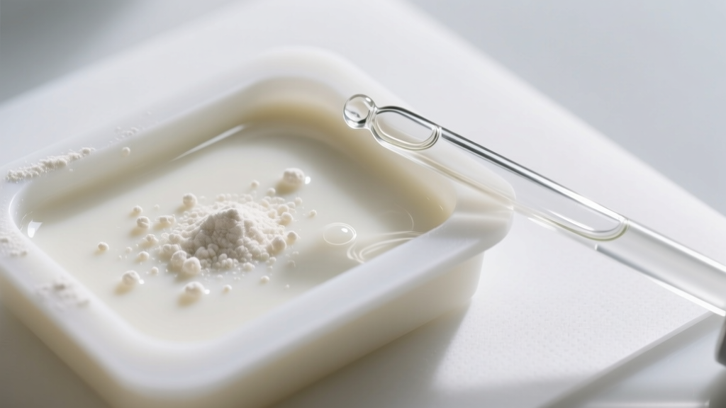 Close-up of a silicone mold filled with milky-white epoxy resin, dried milk powder, and a glass pipette on a clean craft mat.