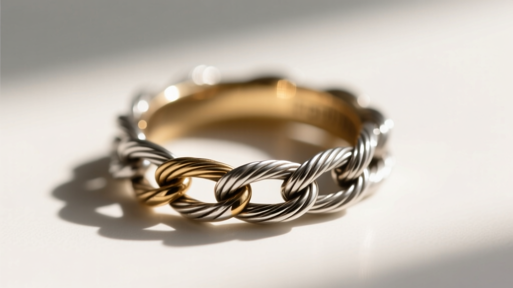 Macro shot of a custom ring made from an upcycled vintage cable chain, showing a seamless soldered joint and high polish finish.