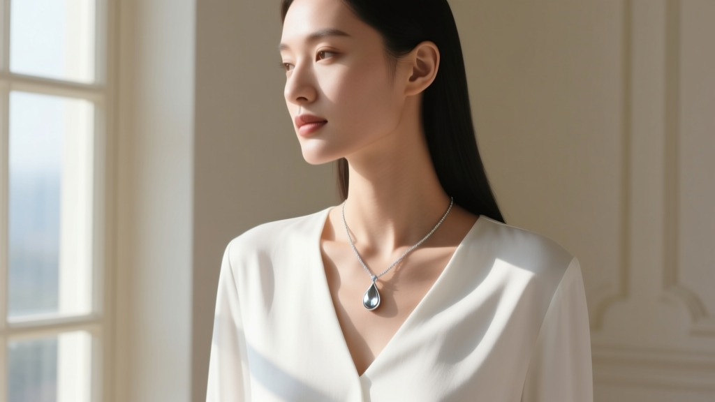 Woman wearing a 20-inch 2mm Sorrento sterling necklace with a teardrop pendant and a white V-neck blouse in soft natural daylight