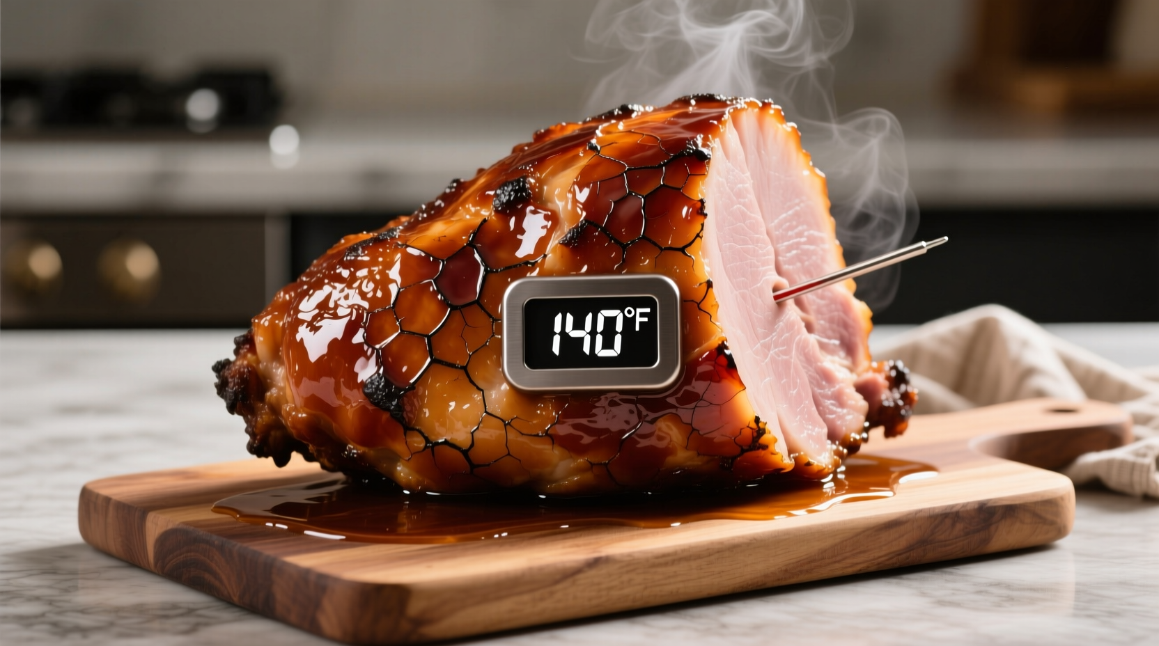 Perfectly glazed baked ham with thermometer reading 140 degrees