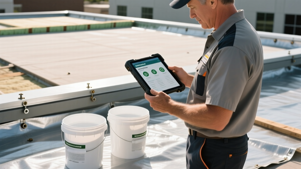 Roofing manager reviewing a digital safety data sheet on a rugged tablet next to open buckets of white elastomeric silicone roof coating
