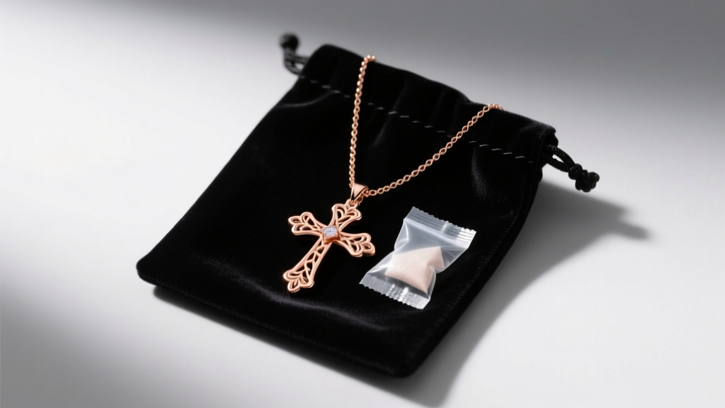 A 14k rose gold women cross necklace stored inside a dark velvet anti-tarnish pouch, alongside a small silica gel packet.
