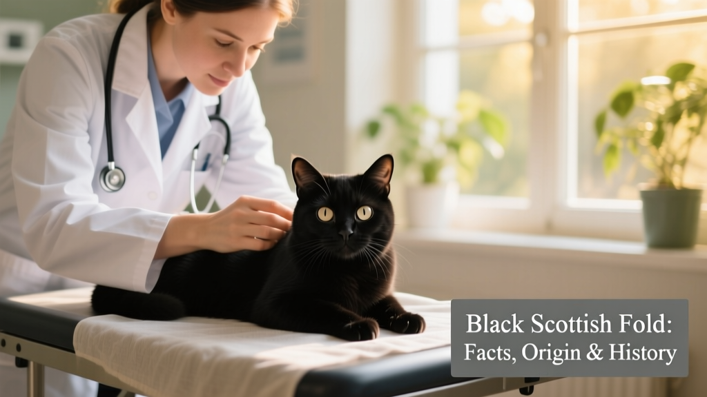 Veterinarian gently examining a black Scottish Fold’s ears and joints during a wellness checkup