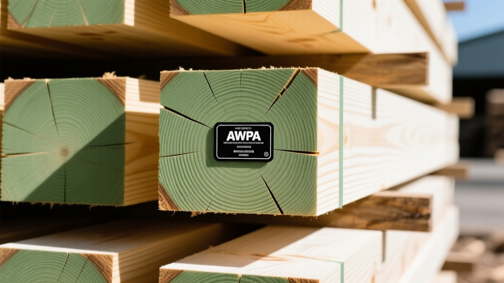 Pressure-treated Southern Yellow Pine showing olive-green tint, incising marks, and black AWPA end-tags in a sunny lumber yard