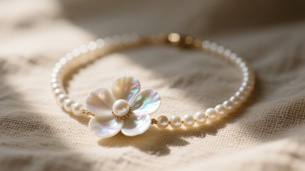 Close-up of a white mother-of-pearl shell flower necklace resting on raw linen fabric in soft, natural morning sunlight.