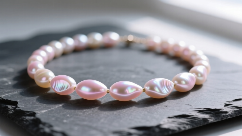 Macro shot of a freshwater stick pearl necklace on slate, highlighting iridescent pink overtones and elongated baroque shapes