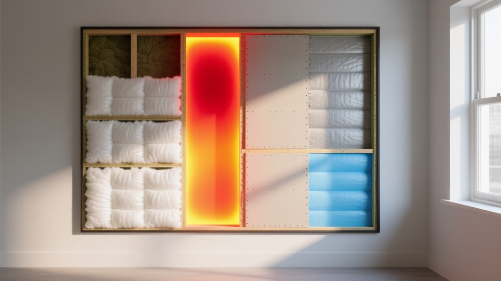 Framed wall cross-section revealing fiberglass batts and rigid foam boards with a thermal camera overlay showing bright heat gradients.