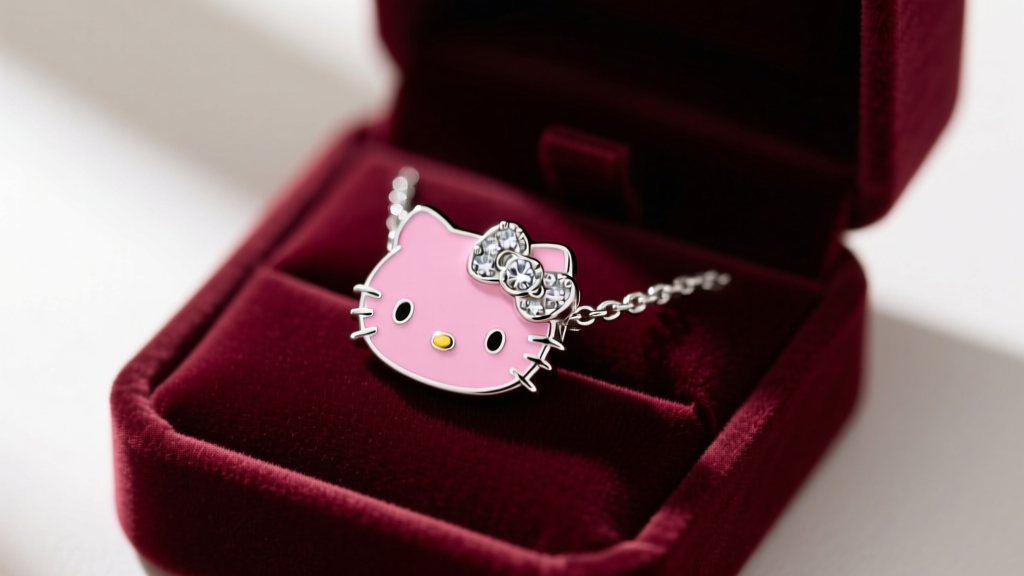 Flat lay of a 925 sterling silver Hello Kitty necklace charm with pink enamel and a diamond bow on a velvet gift box
