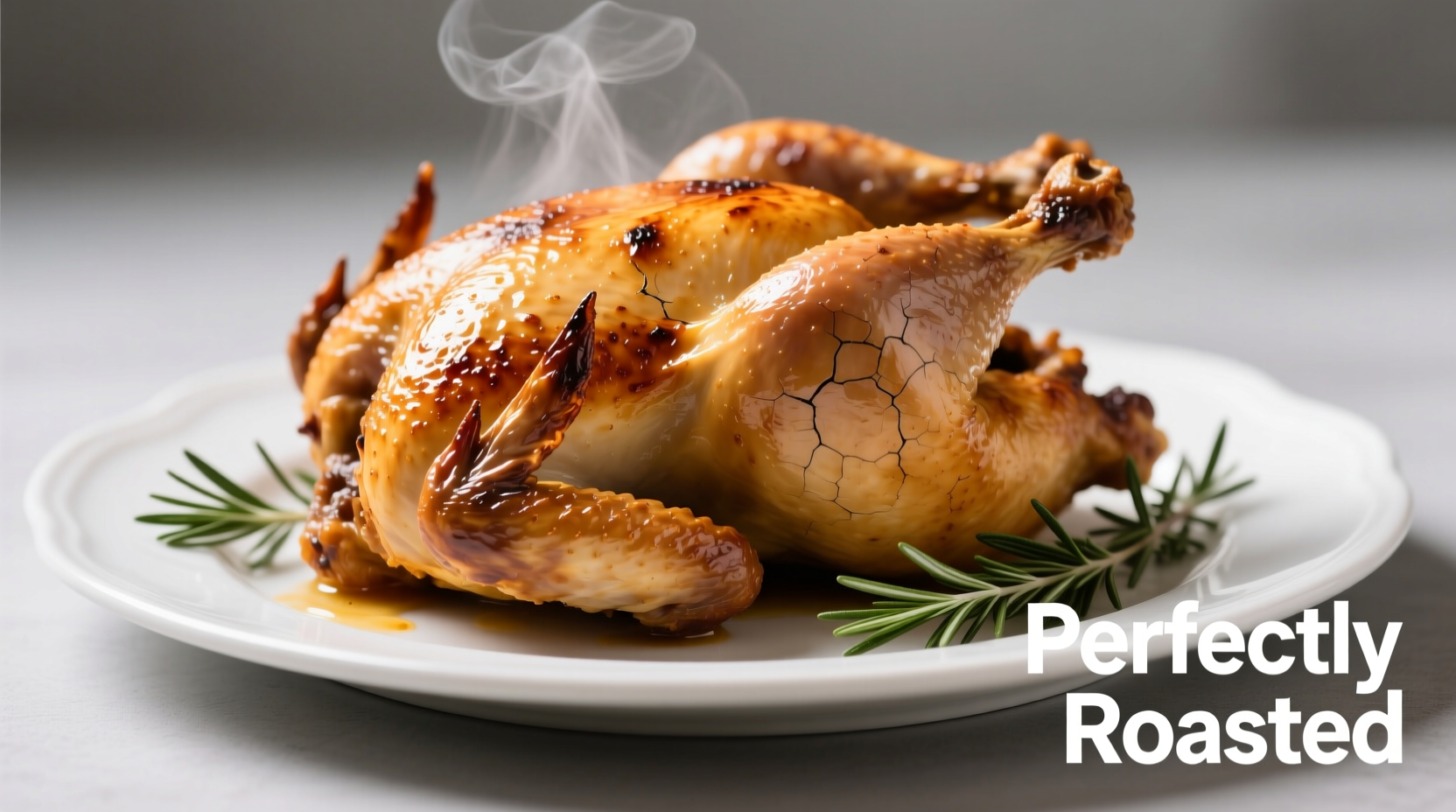 Perfectly roasted chicken with golden skin on a white platter