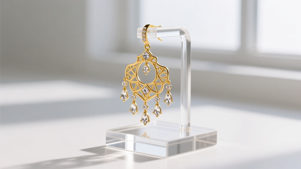 Heavy gold chandelier earring resting securely on a wide-base acrylic earring display holder designed to prevent post bending.