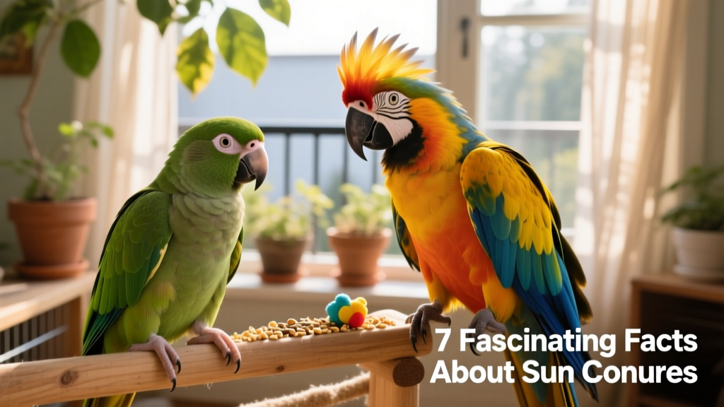 Side-by-side comparison showing a juvenile green sun conure and an adult in full vibrant plumage