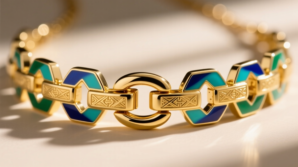 Macro shot of a hinged gold bib necklace clasp, showing interlocking 14k gold segments and vibrant turquoise cold enamel details