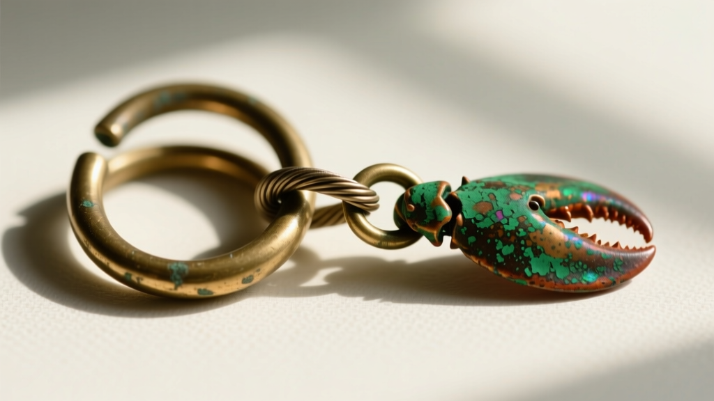 Macro photo of a tarnished brass jump ring and worn lobster clasp on a delicate cable chain, showing green oxidation buildup