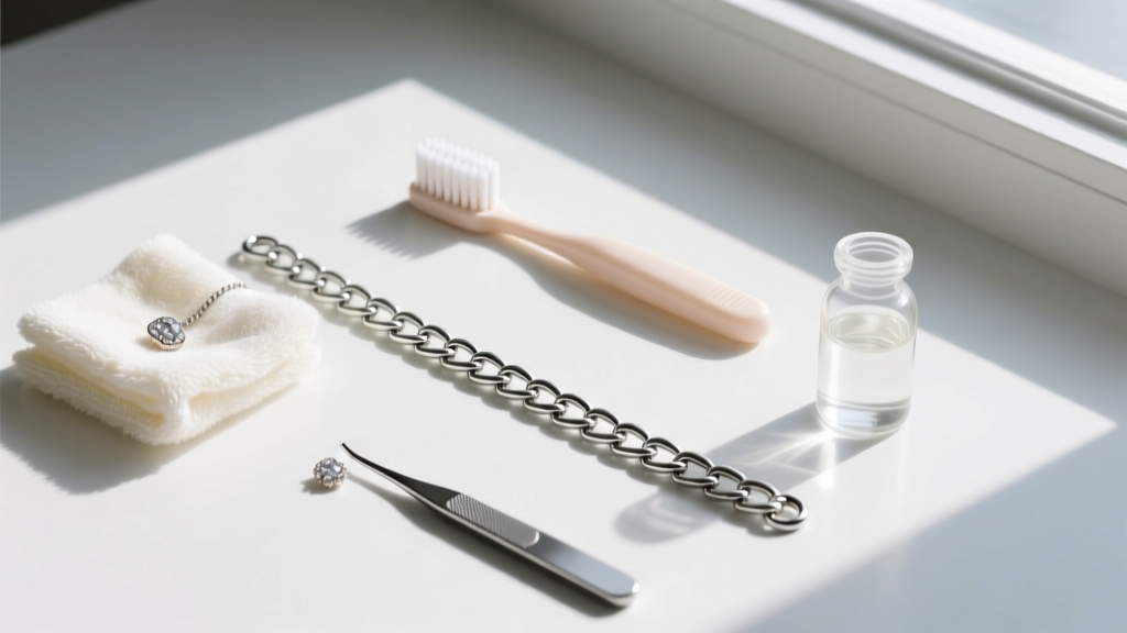 Overhead view of jewelry cleaning tools like a soft baby toothbrush, microfiber cloth, and mild soap beside a silver curb chain.