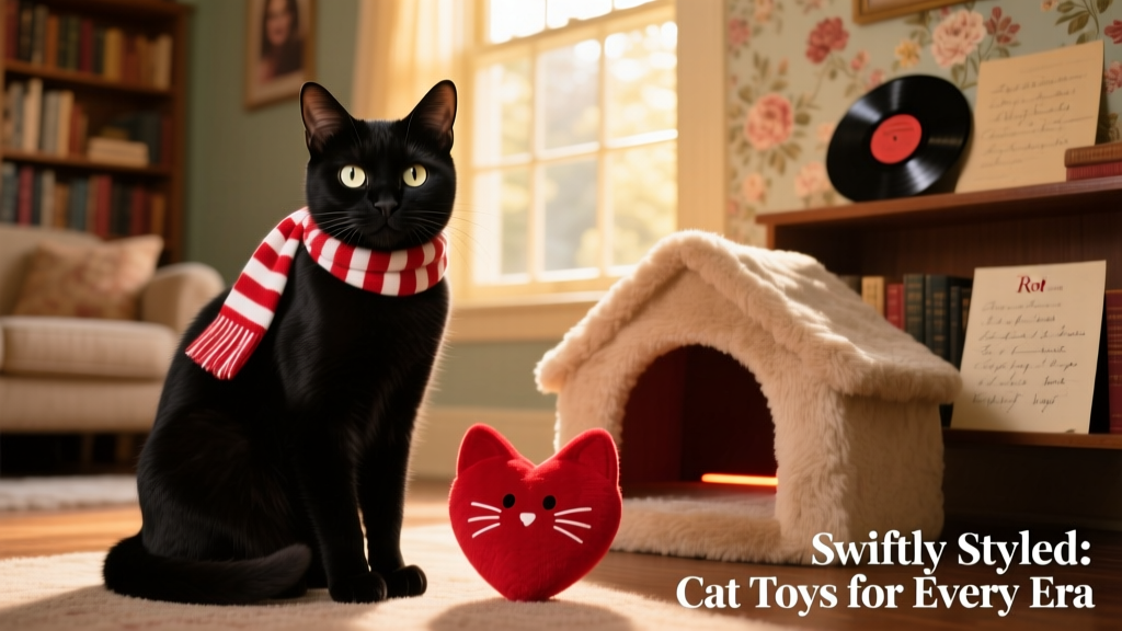 A black cat wearing a red-and-white scarf draped over its shoulders, sitting beside a red heart-shaped cat toy and heated cat house