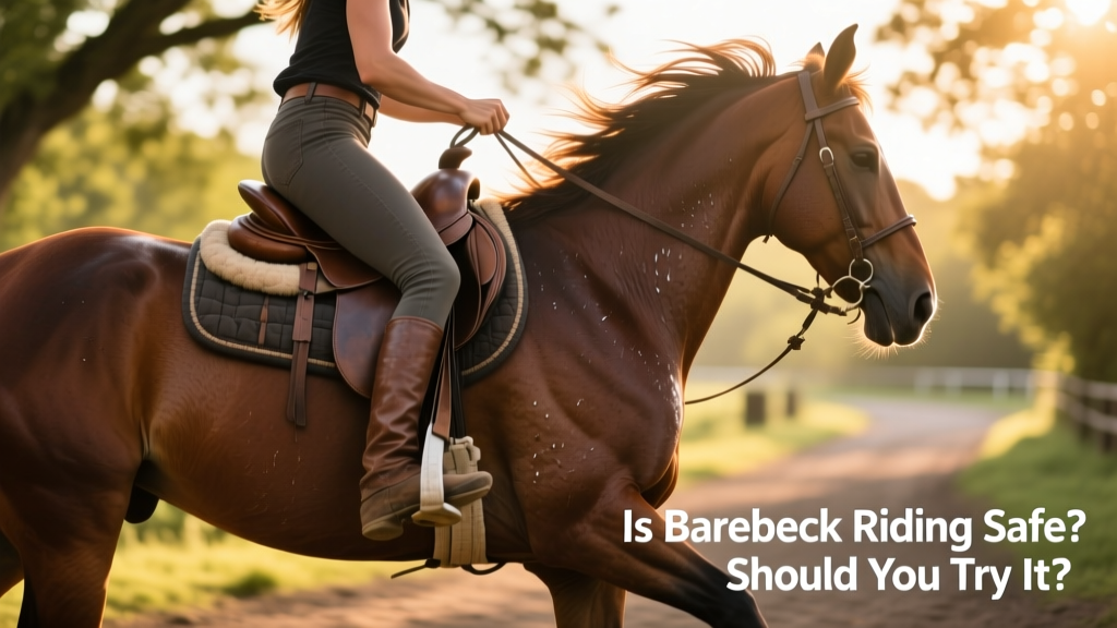 Close-up of a rider’s balanced posture bareback: relaxed hips, long legs, soft hands, and upright spine