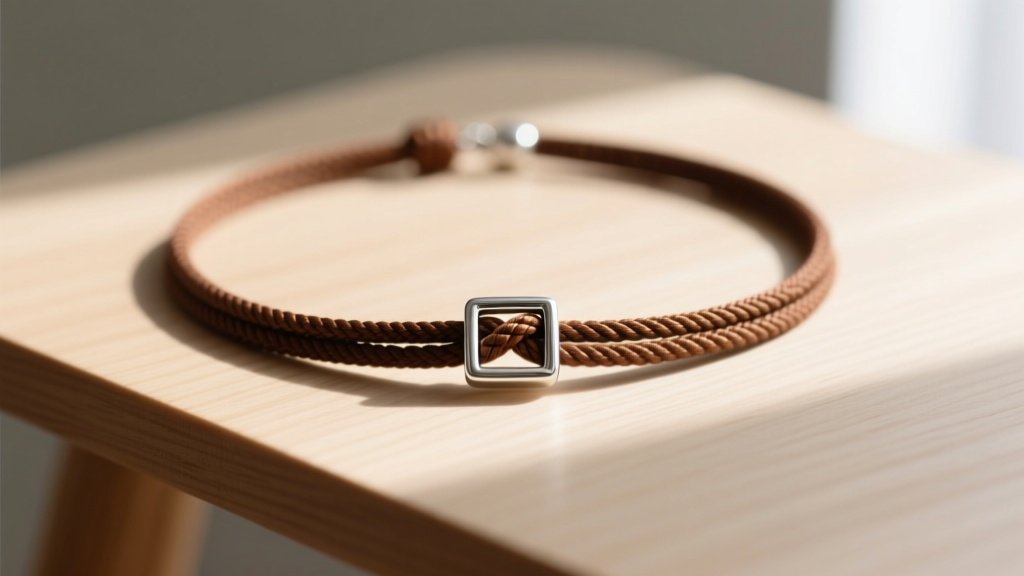 Close-up of a brown waxed cotton cord necklace featuring a silver pendant and a neatly tied sliding square knot on a wooden table