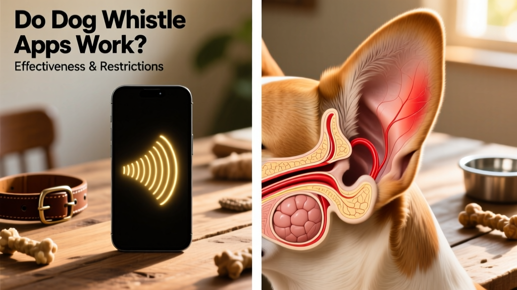 Side-by-side comparison showing a smartphone emitting sound waves and a dog’s ear anatomy highlighting high-frequency sensitivity
