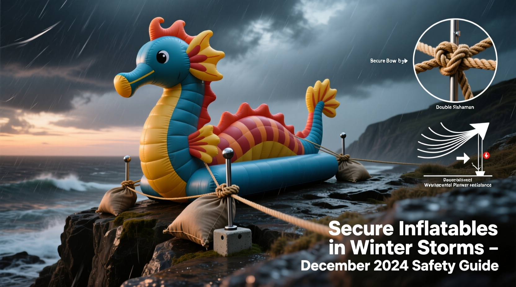 how to secure lightweight outdoor inflatables in windy coastal areas during december storms