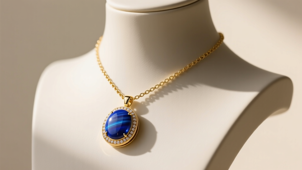 14k gold box chain threading through a bezel-set lapis lazuli pendant on a mannequin neck with subtle soft directional lighting