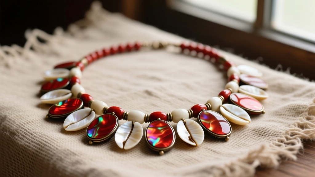 A vintage Pomo necklace featuring red abalone pendants and white clam shell disc beads resting on unbleached muslin fabric