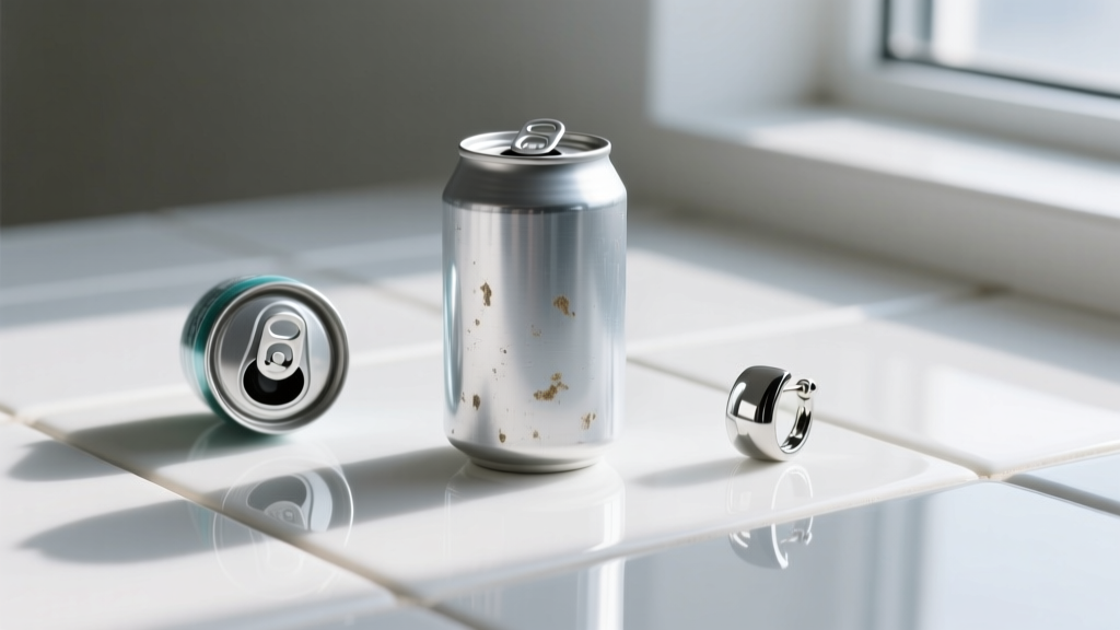 Material comparison of a raw soda tab, a UV-sealed tab, and a polished titanium earring resting on a smooth white ceramic tile.