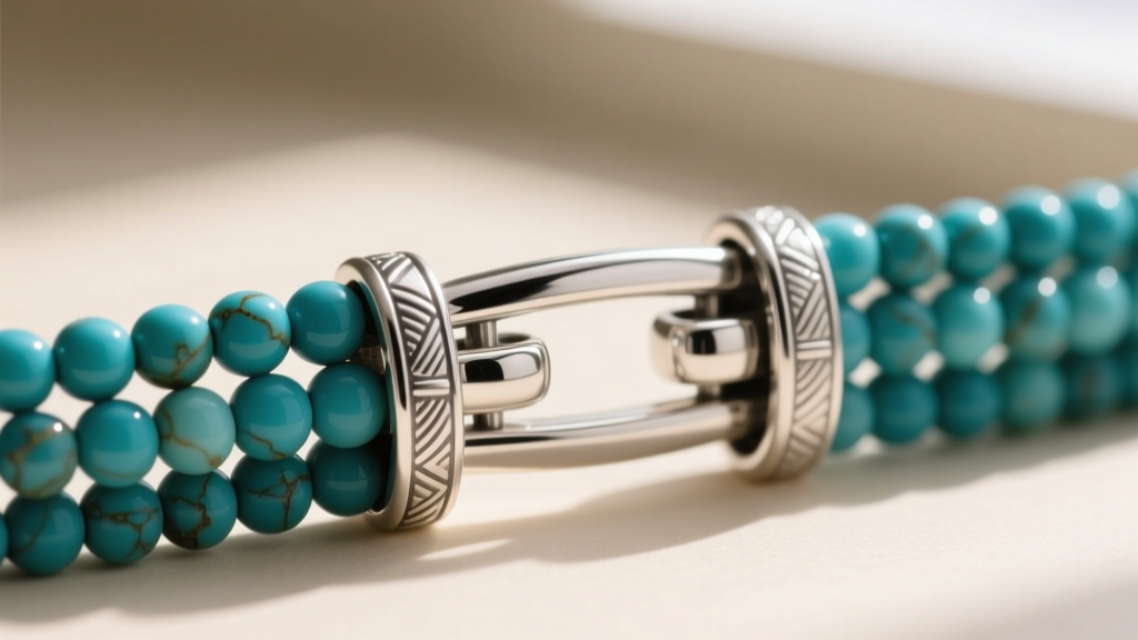 Detailed view of a sterling silver three-strand slide clasp with embedded magnets securing heavy turquoise necklace strands.