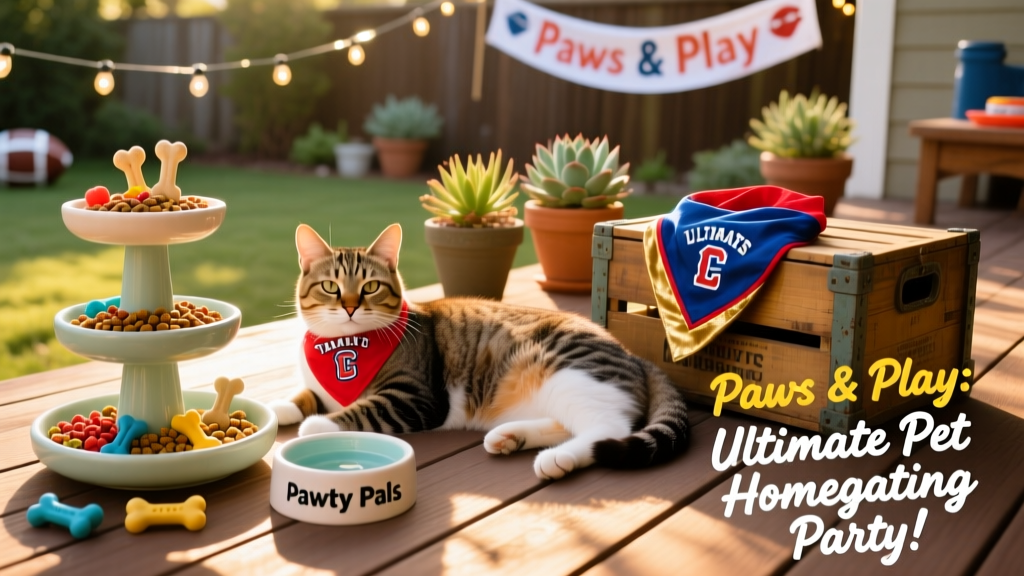 A relaxed cat lounging near a small, themed pet treat station with a team-colored bandana draped nearby
