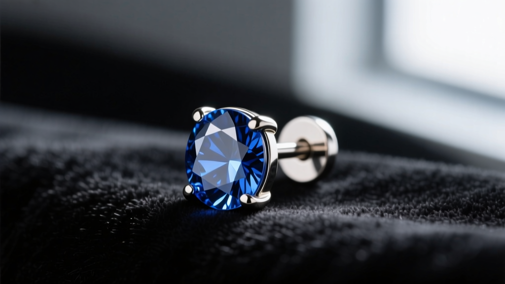 Macro shot of a 16-gauge implant-grade titanium threadless earring end with a bezel-set sapphire, resting on dark velvet.