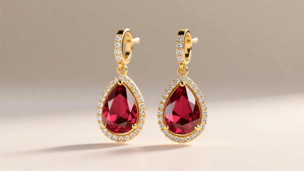 Elegant 18k yellow gold ruby dangle earrings with pear-shaped gems suspended from diamond hoops, soft studio lighting.