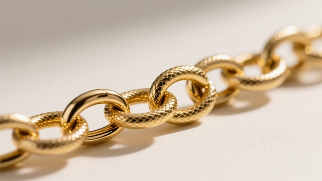 Macro shot of a flexible gold vermeil snake chain, highlighting tightly interlocking metal cups that allow fluid movement.