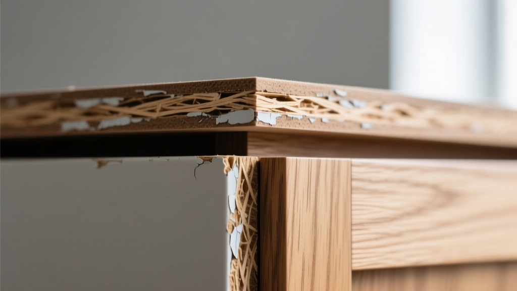 Close-up macro shot comparing peeling MDF edge banding on a cheap cabinet next to a solid oak dovetail joint.