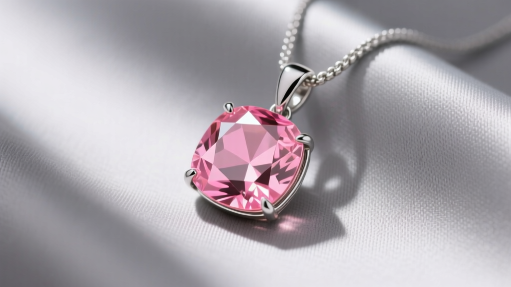 Faceted padparadscha sapphire pendant in platinum bezel on neutral gray fabric, highlighting vivid peach-pink color saturation.