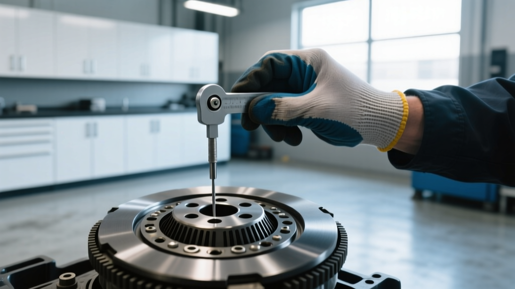 Close-up photograph of a mechanic measuring TH350 direct clutch pack clearance using a precision feeler gauge