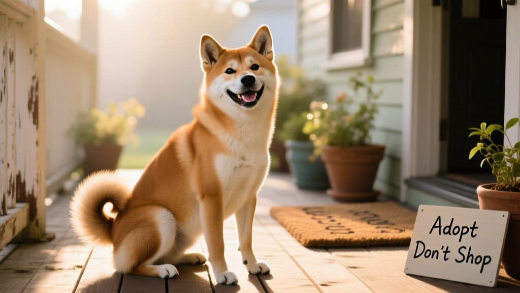 A smiling Shiba Inu mix sitting confidently on a sunlit porch, showcasing its foxy face and curled tail
