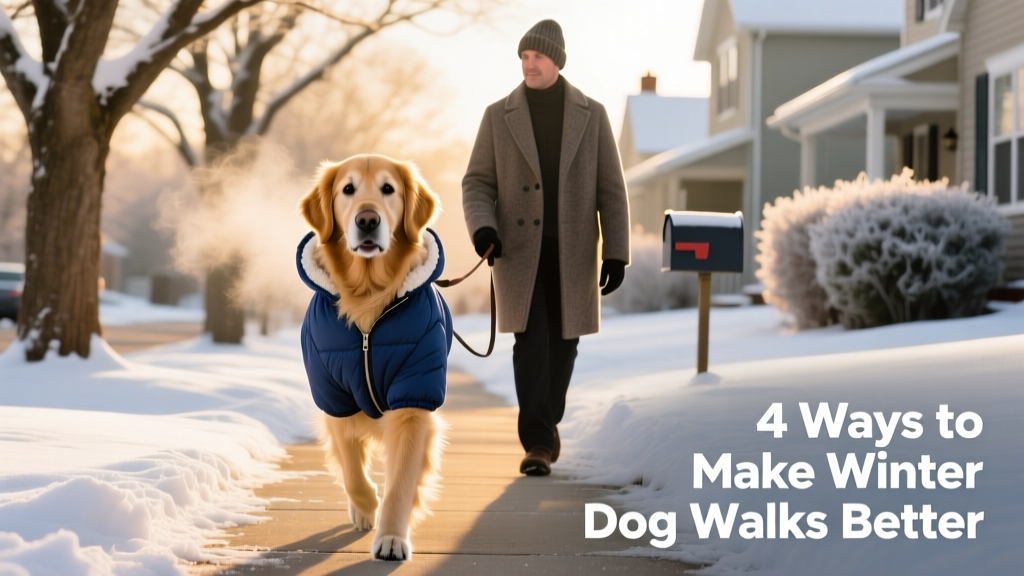 A dog wearing a cozy insulated jacket walking on a sunny, lightly snow-dusted sidewalk with their owner