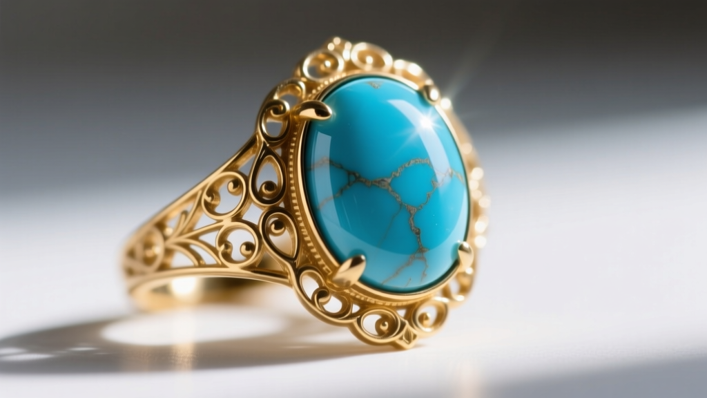 Macro shot of Persian turquoise in a closed-back Victorian gold bezel showing a smooth matrix-free blue cabochon surface