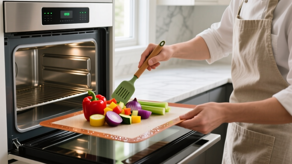 Home chef using a flexible silicone baking mat to transfer diced vegetables into a smart microwave convection oven with the door open