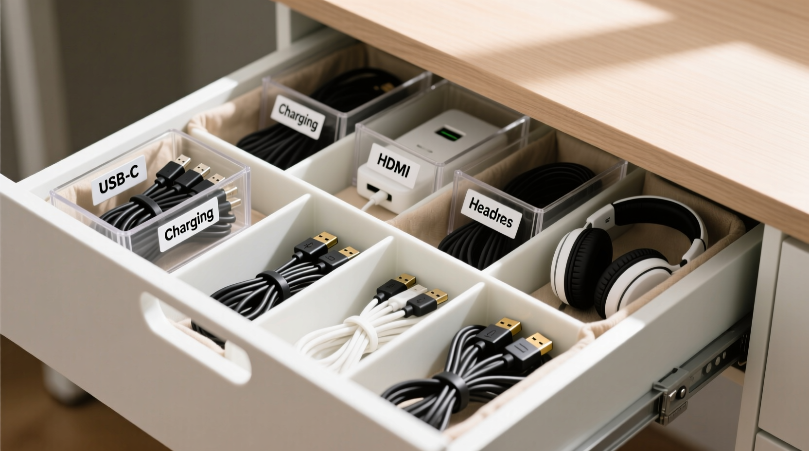 how to organize cables in a drawer with dividers and labels neatly