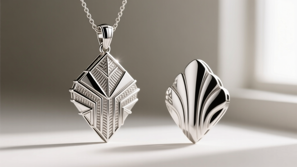 Macro shot of hand-fabricated platinum Deco pierce-work with sharp edges next to a modern cast reproduction with rounded edges