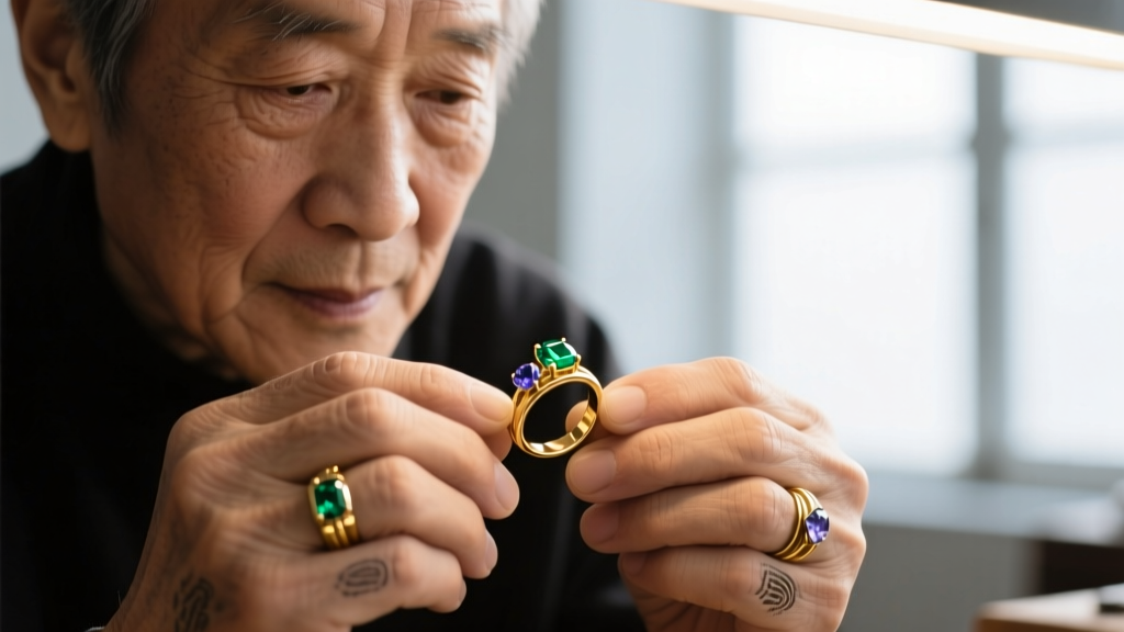 Close-up of a jeweler's hands holding silver huggie earrings with a digital millimeter caliper for precise thickness measurement